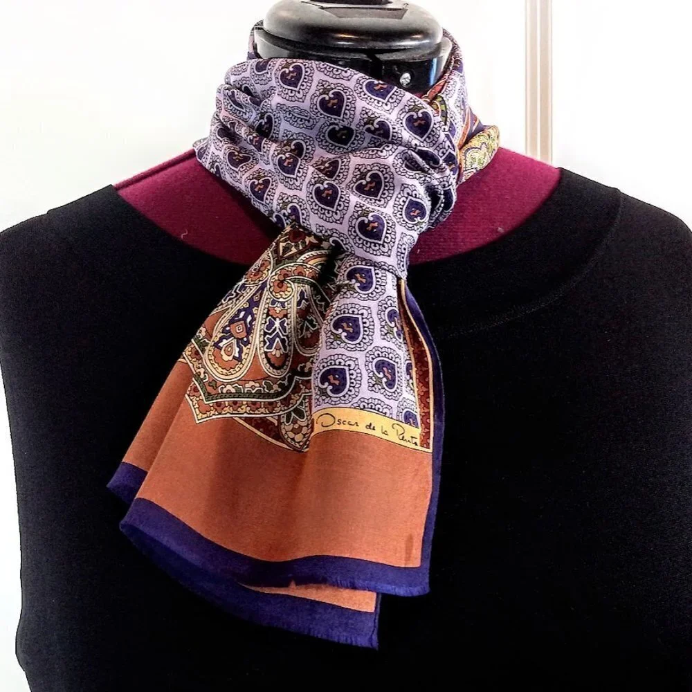 Oscar De La Renta Purple Paisley Heart Silk Fringed Oblong Scarf